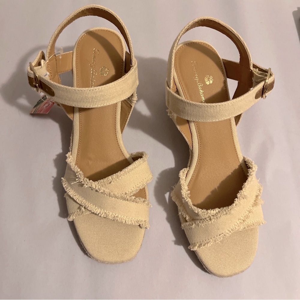 Tommy Bahama Women’sBethany Wedge heel Espadrille Sandals size 9.5 Tan Raw Edges